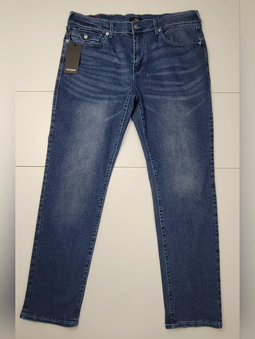 True Religion Geno Big T Flap Slim Jeans in Medium Blaze Wash Size 36X32 New